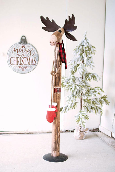 recycled wood and iron smiling moose with red gloves and red & black plaid scarf