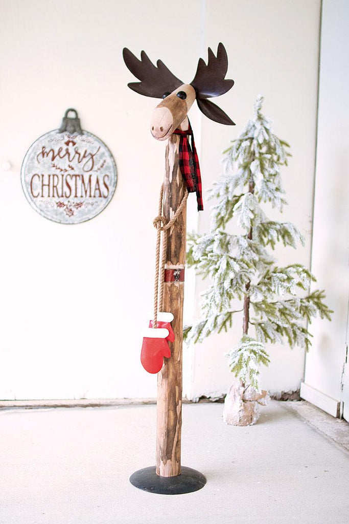 recycled wood and iron smiling moose with red gloves and red & black plaid scarf
