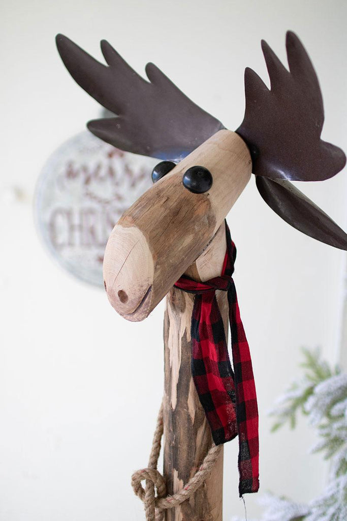 recycled wood and iron smiling moose with red & black plaid scarf - head close-up