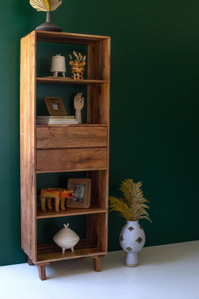 tall acacia wood shelf with 4 shelves and 2 drawers - front right view