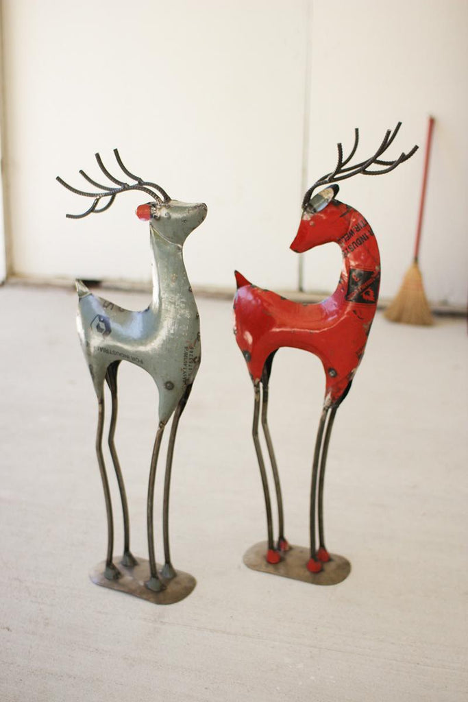 set of 2 recycled iron deer - one gray color, another red color