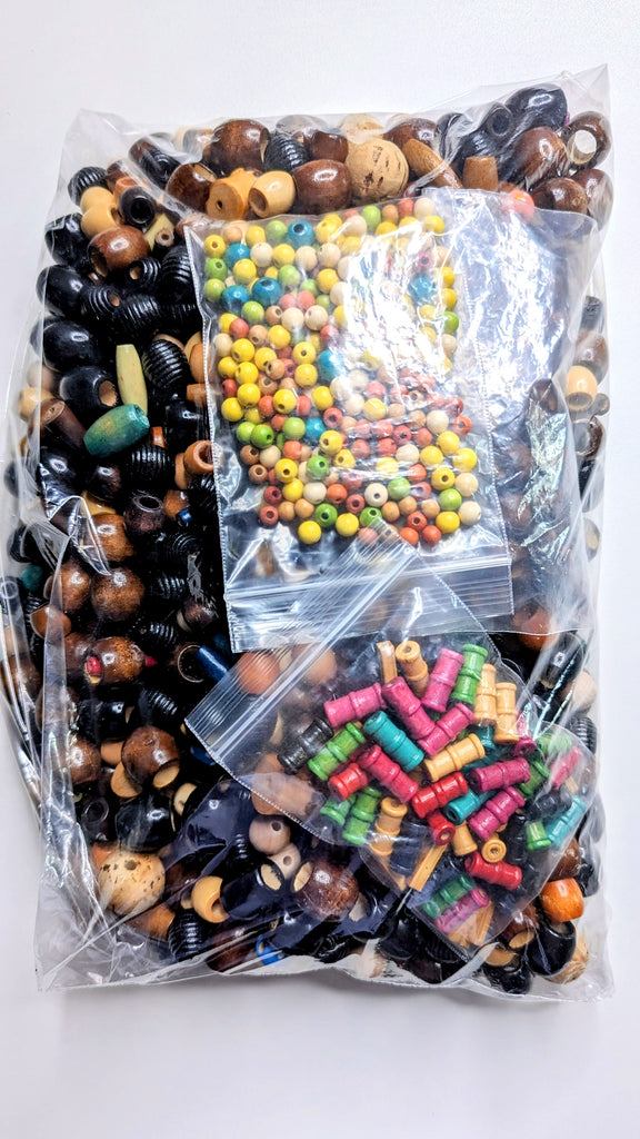 collection of colorful wood beads oval, rectangle, round, wooden sticks - in plastic bag ready to ship