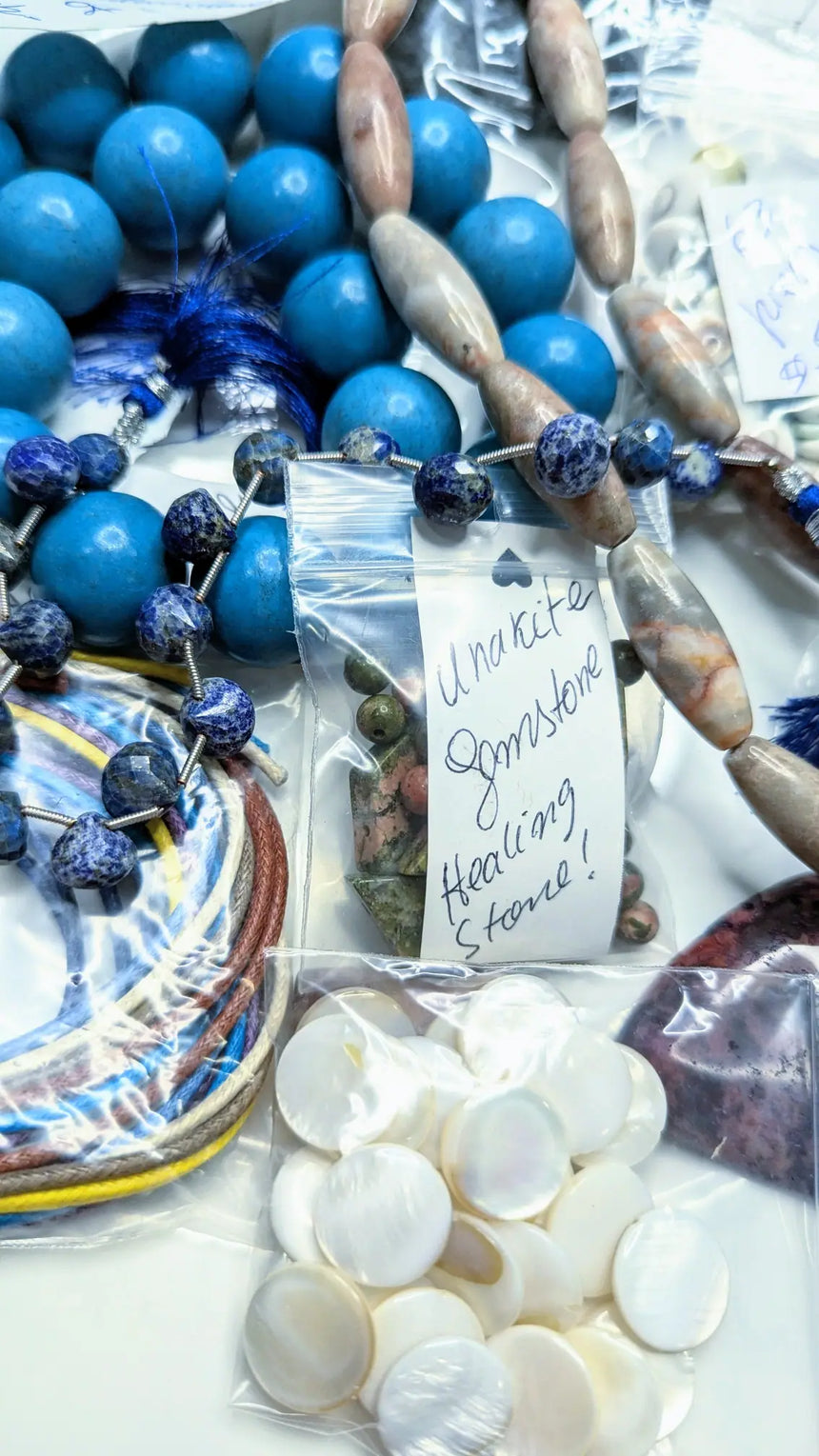 Turquoise Howlite, Tear Drop Lapis Lazuli, 4 Pendants, Unakite, Redline Tubes, Multi Cords - perspective 4