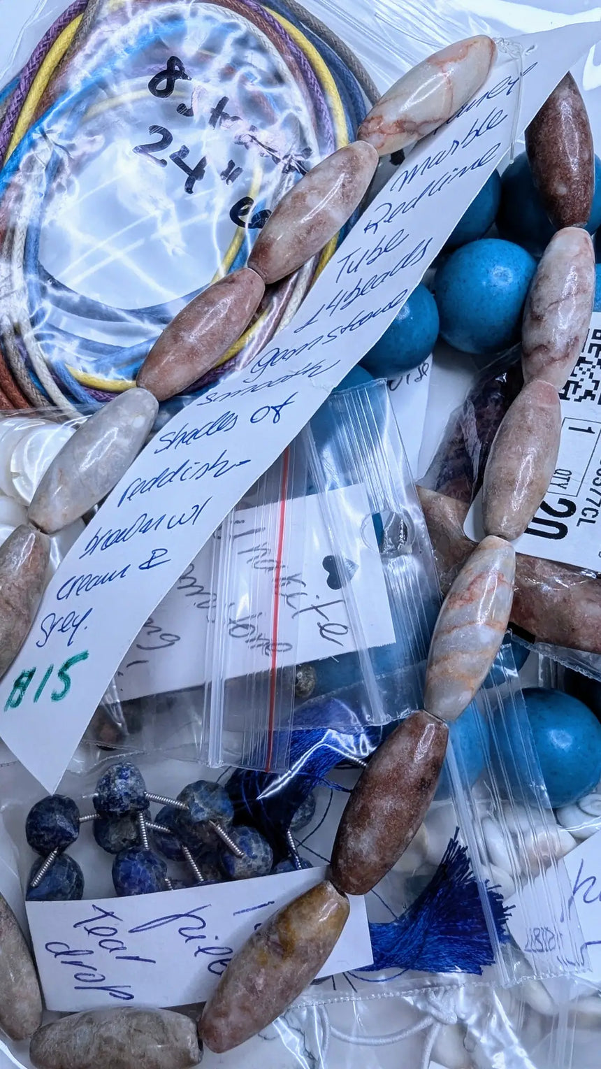 Turquoise Howlite, Tear Drop Lapis Lazuli, 4 Pendants, Unakite, Redline Tubes, Multi Cords - perspective 6