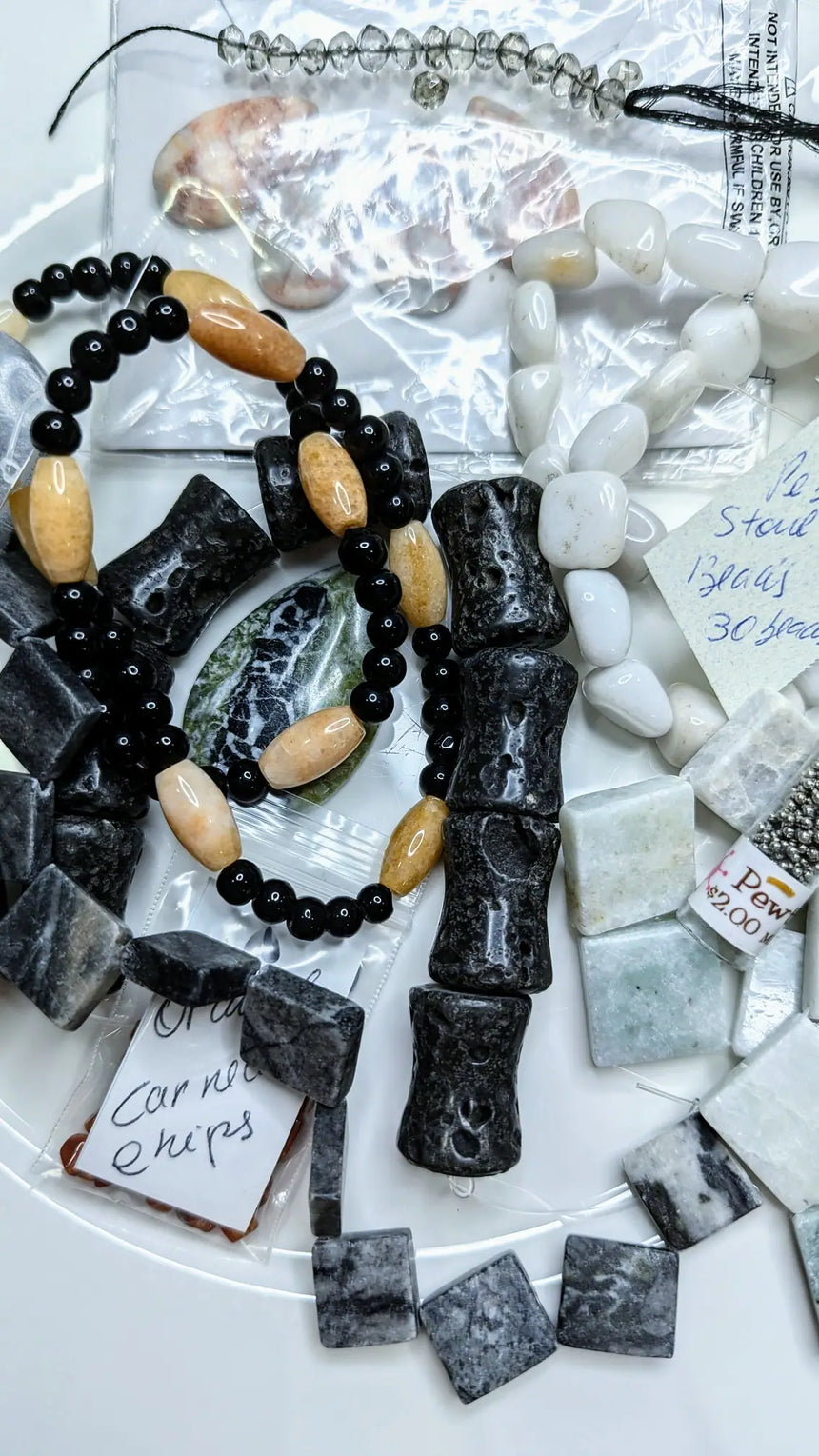 Redline Tear Drop, 2 Pendants, 8 Black Lava Rock Tubes, 15 Marble Light Green Beads, 20 Black Marble Beads, 30 Pebbles Tumbled beads