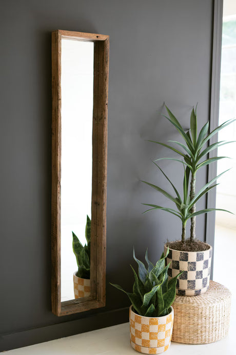 Wooden mirror leaning against a dark wall with potted plants on a light surface.