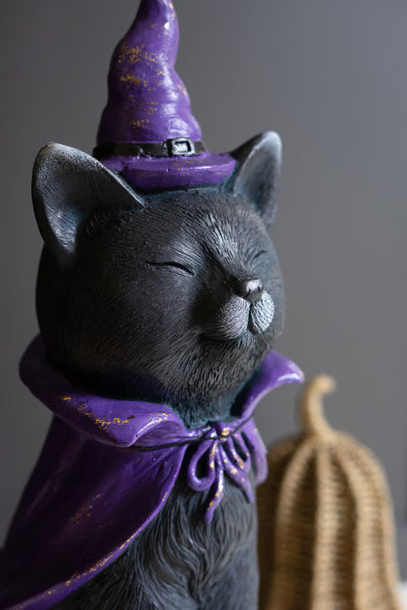 Close-up of black cat figurine wearing a purple witch hat and cape with a blurred pumpkin in the background