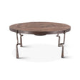 teak wood round coffee table with hand hammered iron legs
