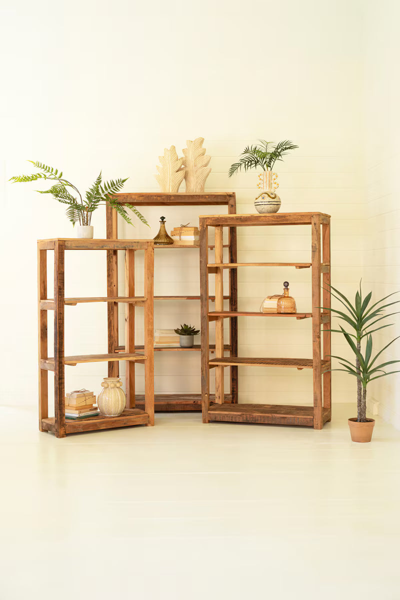 Wooden bookshelves with decorative items and plants against a light wall - two shelves angled forward, the largest standing in the back