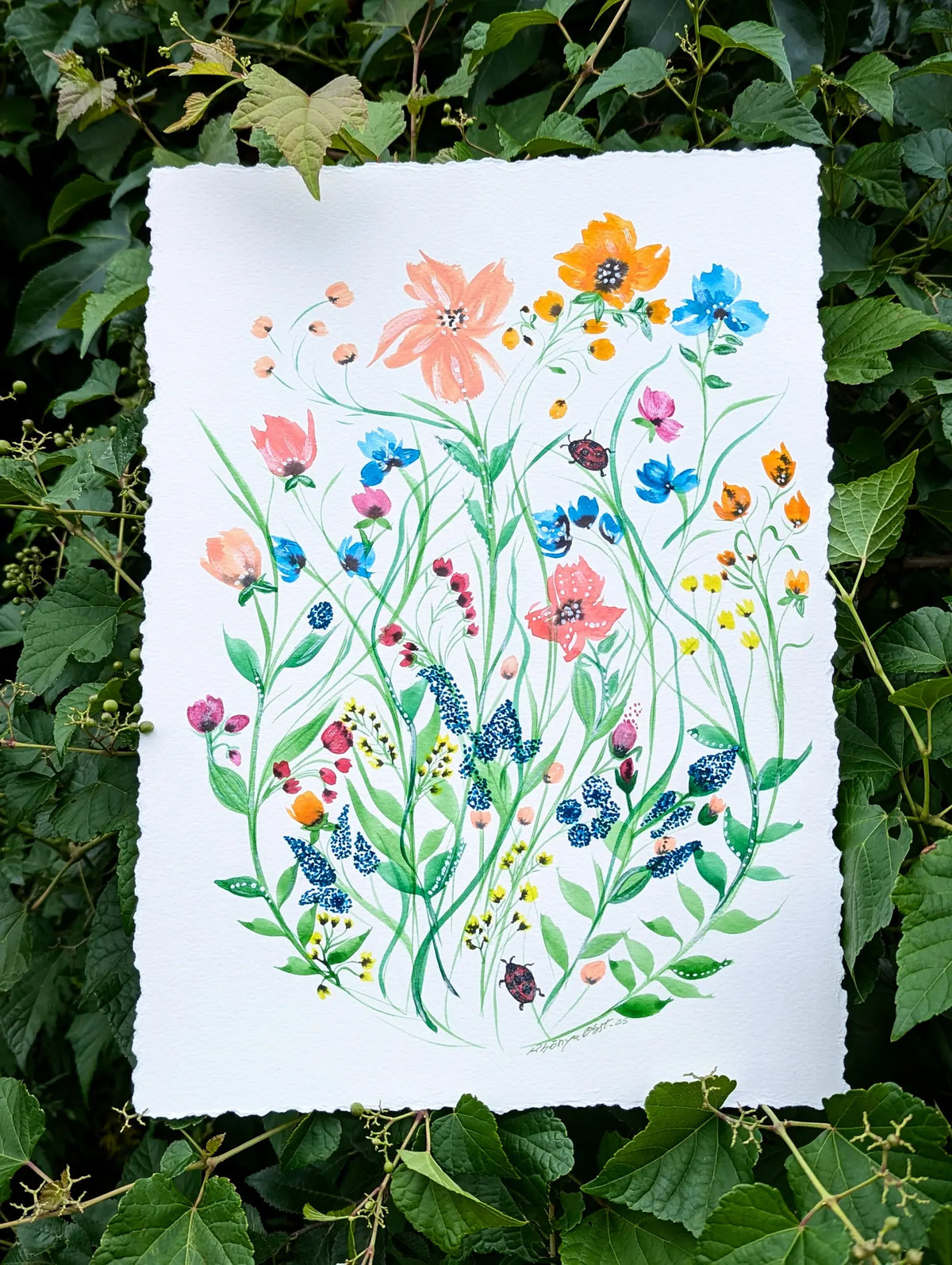 Original watercolor painting showing long stem wild flowers growing organically