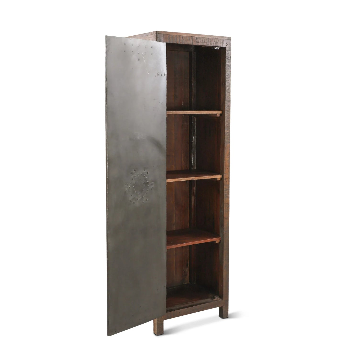 Tall Vault Style Cabinet in Reclaimed Wood & Iron - angled front view with open cabinet door showing 4 shelves