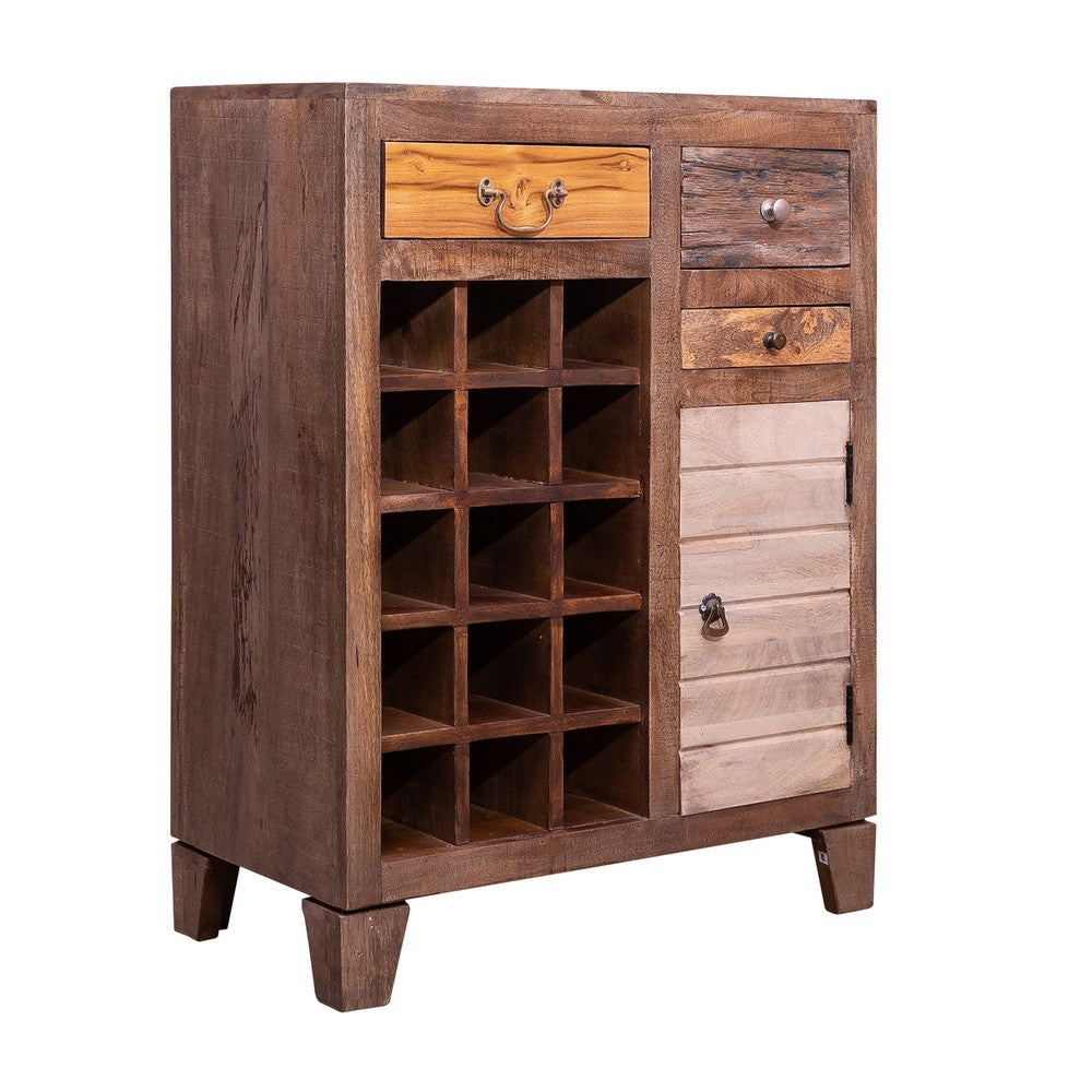 multicolor mango wood wine cabinet for 15 bottles - front right angled view
