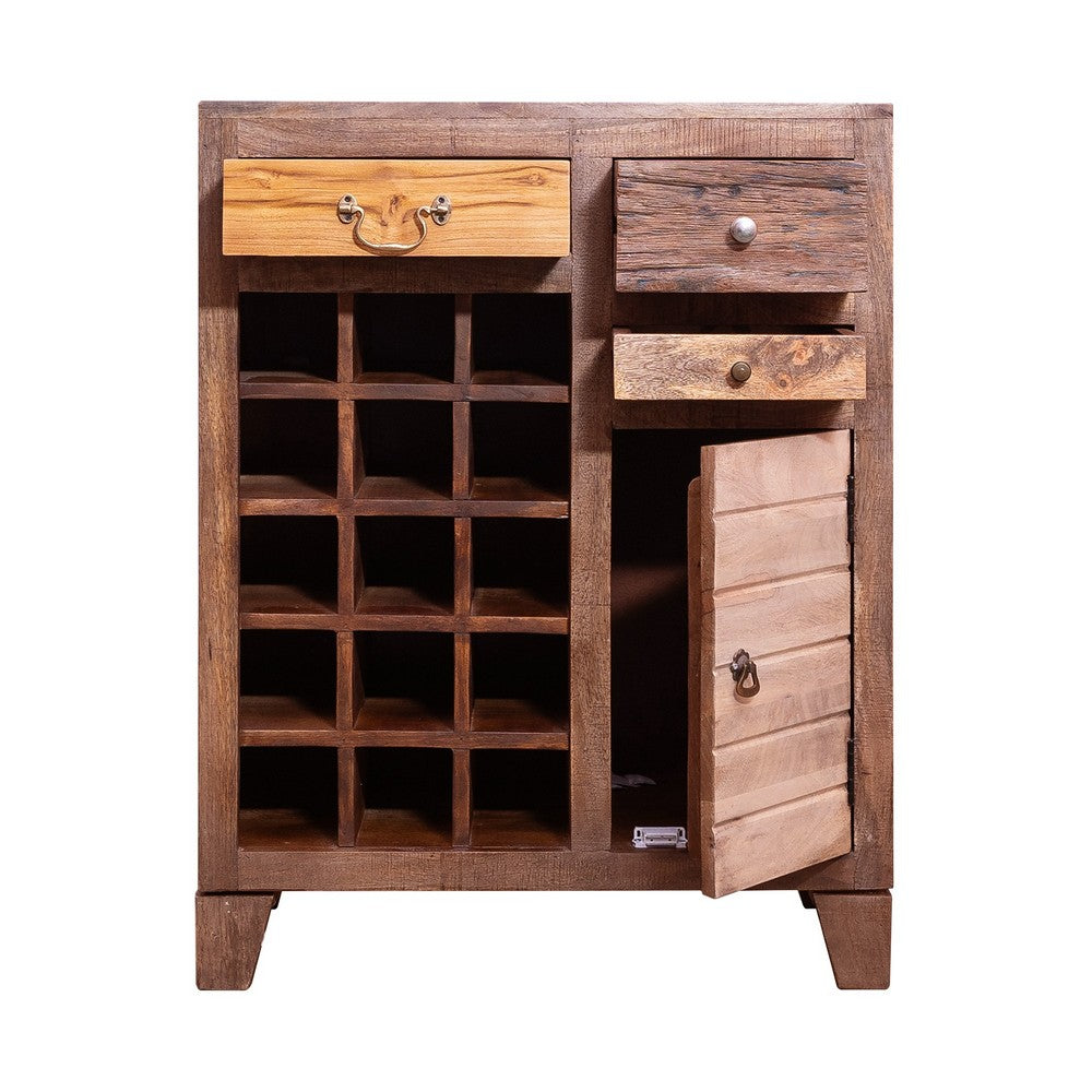 multicolor mango wood wine cabinet for 15 bottles - all drawers and door partially open - front view