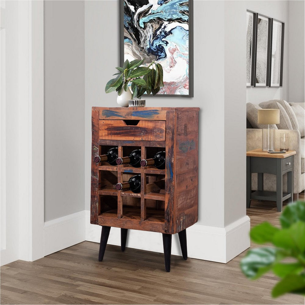 wood wine rack with drawer in example living room setting