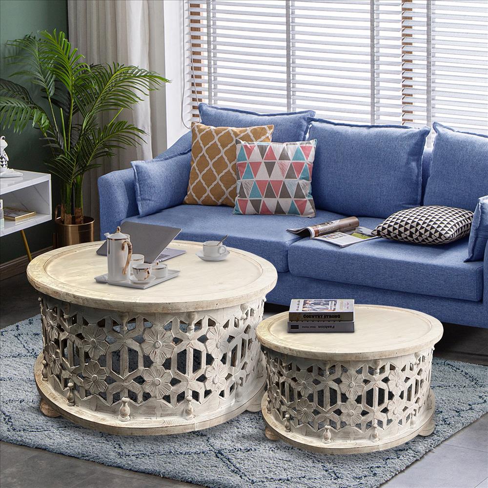 set of 2 white handmade coffee tables of different sizes pictured in living room setting