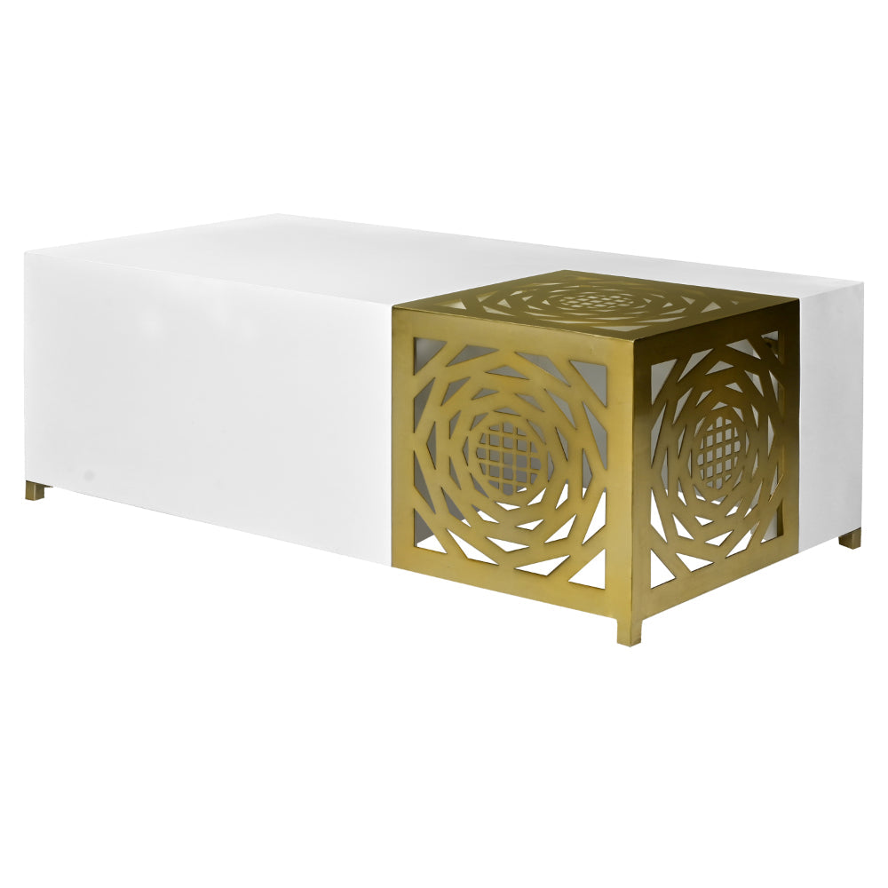 modern white rectangular coffee table with geometric cube detailed corner accent - angled view with focus on corner accent