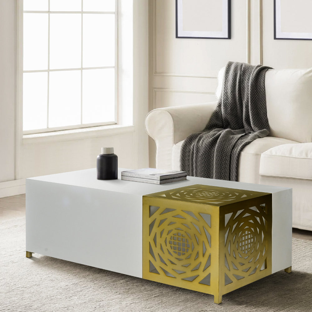 modern white rectangular coffee table with geometric cube detailed corner accent shown in living room setting