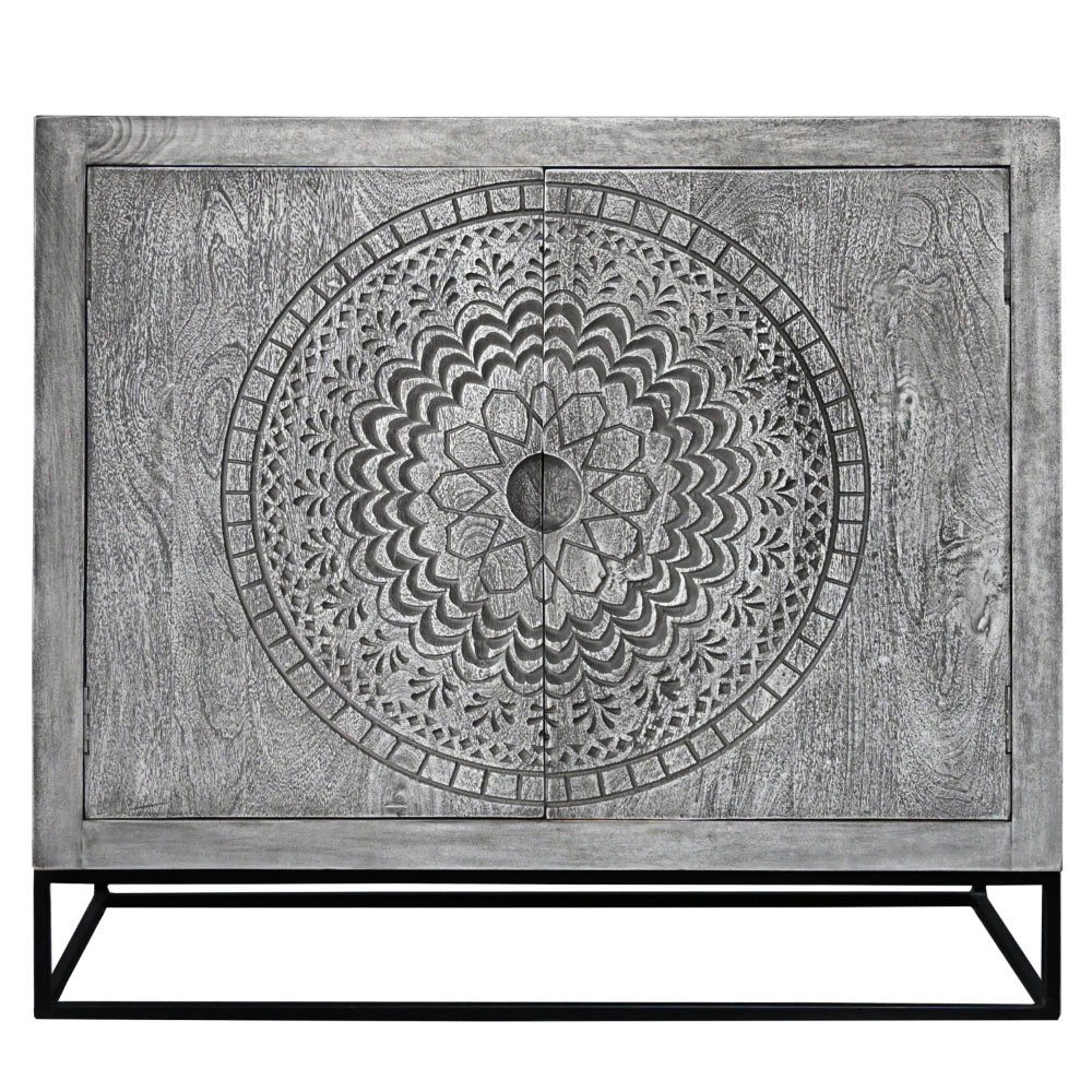 gray mango wood accent cabinet with medallion engraved doors with white background