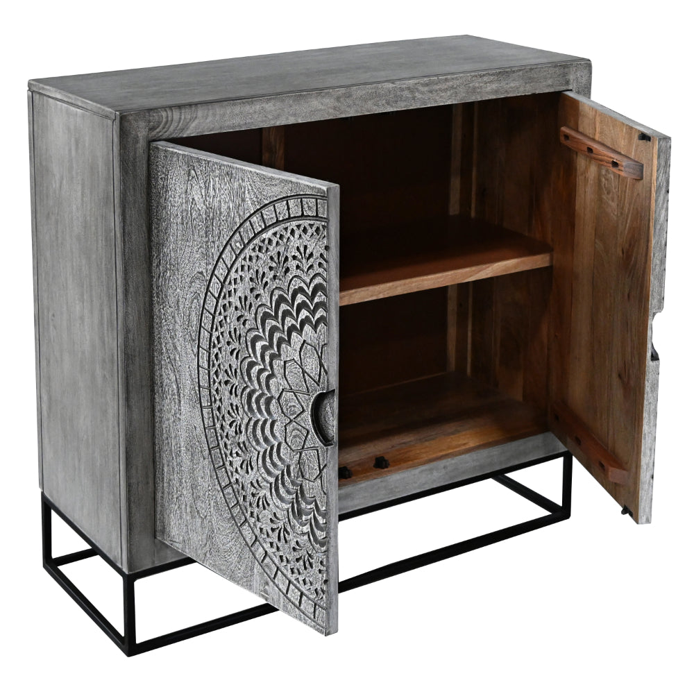 gray mango wood accent cabinet with open doors