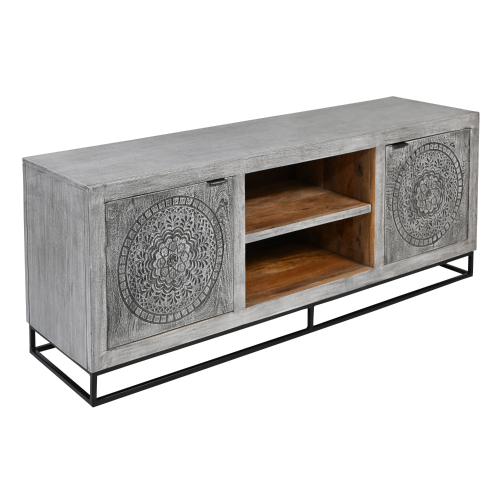 mango wood tv stand with a cabinet with door on each side of the center shelf