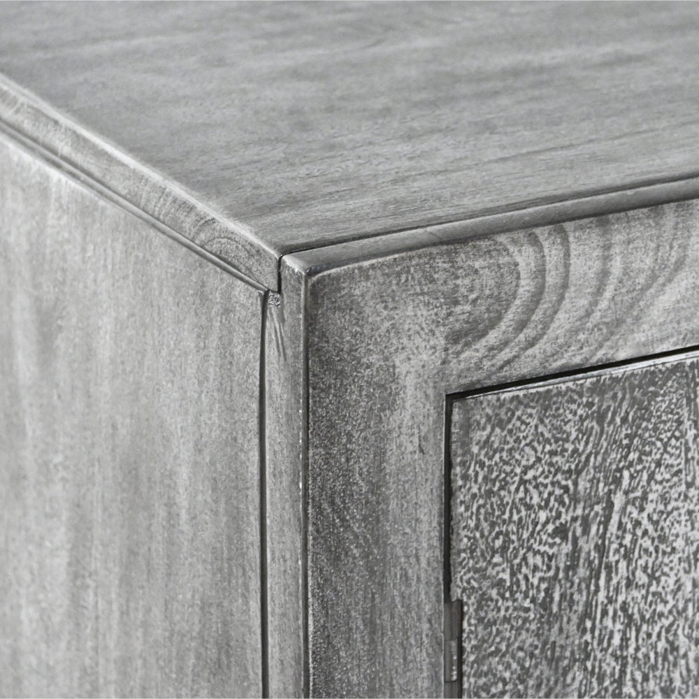 mango wood tv stand with a cabinet - zoomed in on 3 surface corner craftsmanship