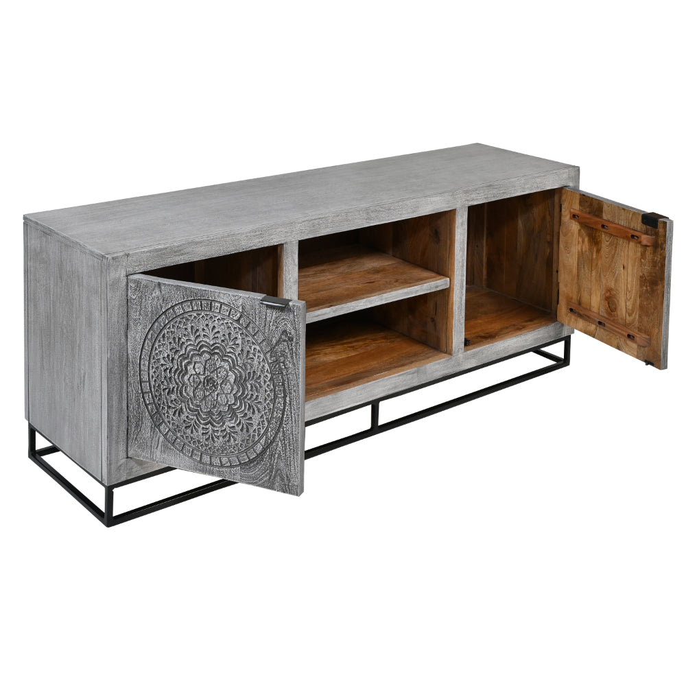 63 inch tv stand in gray mango wood with a cabinet on each side of the center shelf - all cabinet doors open