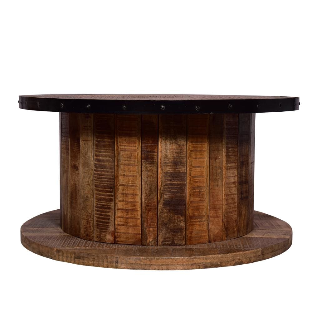 wood farmhouse coffee table - blank background - straight horizontal view from center of base