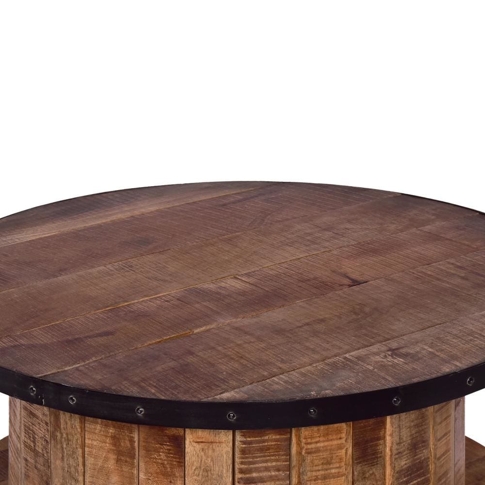 wood farmhouse coffee table - blank background - 30⁰ angled downward view - zoomed