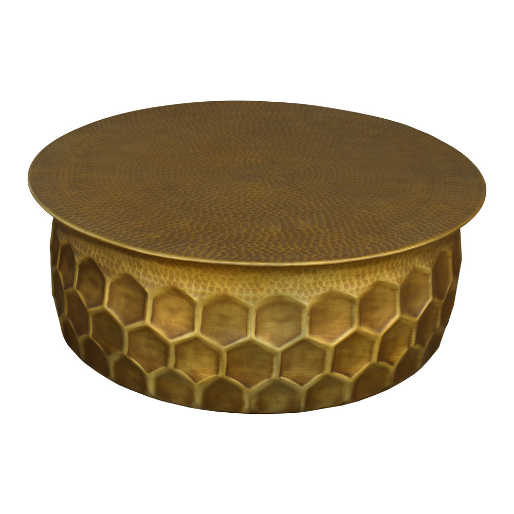 round hammered aluminum coffee table with brass finish - no background