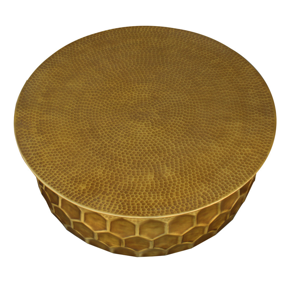 round hammered aluminum coffee table with brass finish - looking down at 45⁰ angle