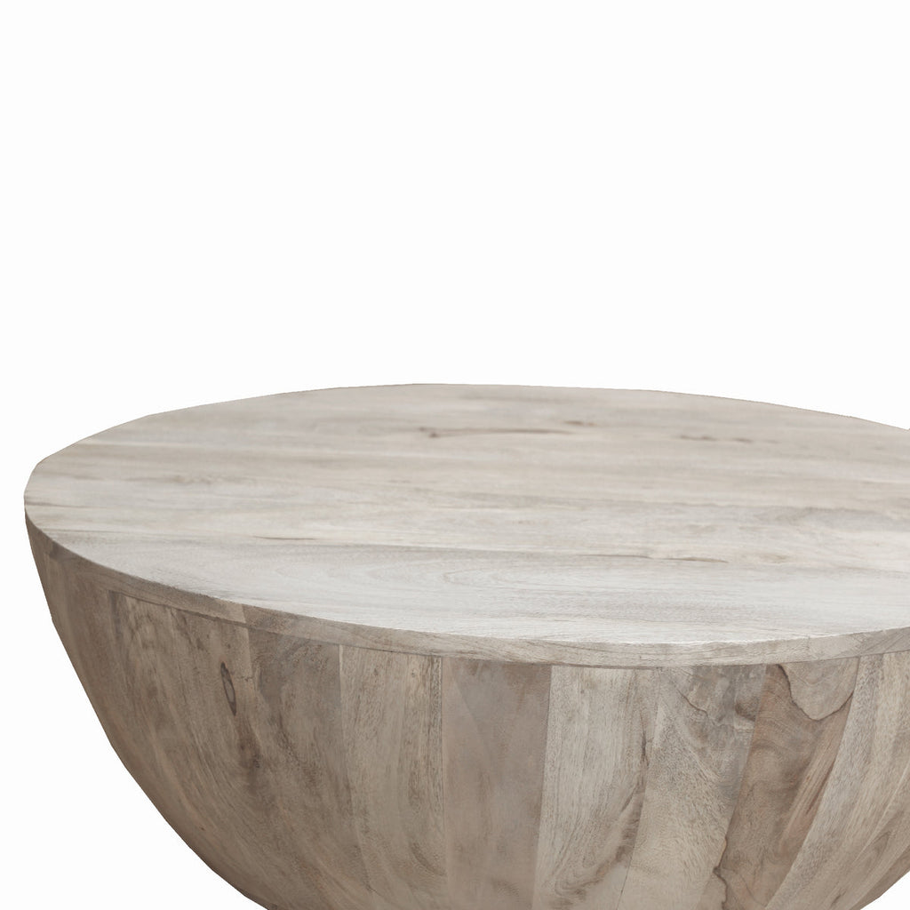 round mango wood coffee table - zoomed in on left side of table