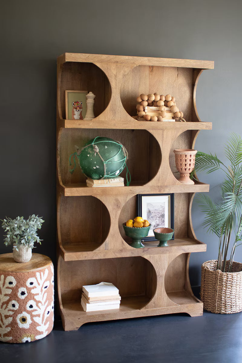 Wooden shelving unit with horizontal pill-shaped shelving sections - angled view