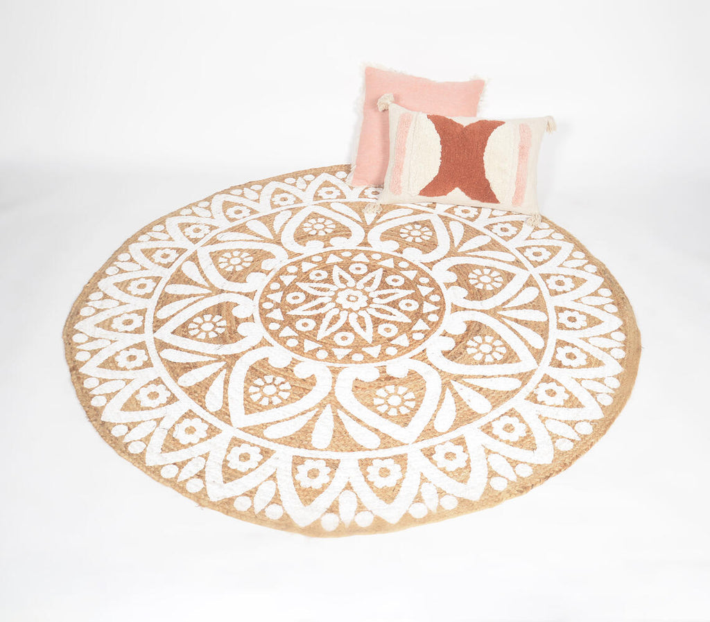 round jute rug with monochrome handblock design