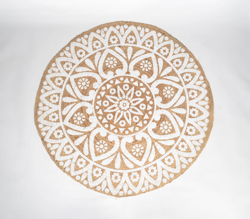round jute rug with monochrome handblock design - top down view