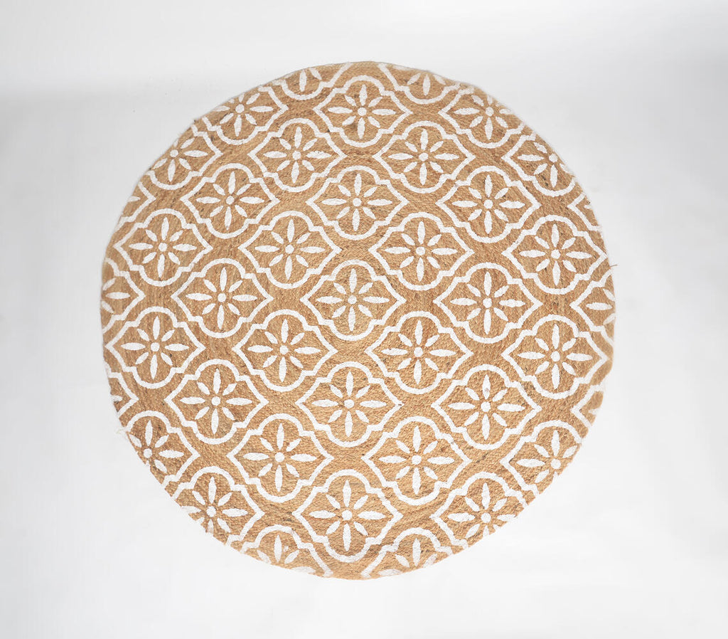 spiral jute rug with handblock print - top down view