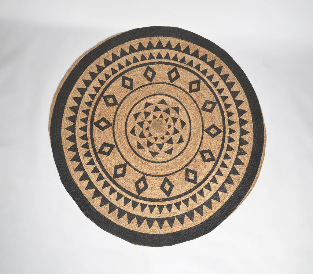 round spiral weave jute rug with geometric print - top down view