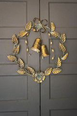 Antique Brass Christmas Door Wreath Leaves and Bells