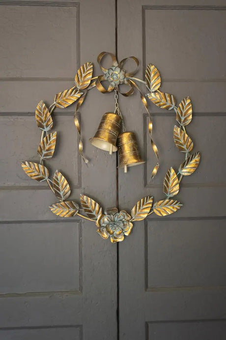 Antique Brass Christmas Door Wreath Leaves and Bells
