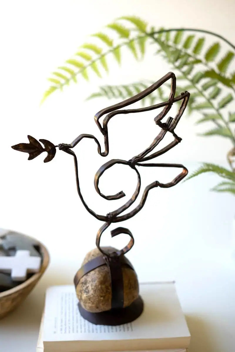 Artful Metal Peace Dove on Caged Rock Base