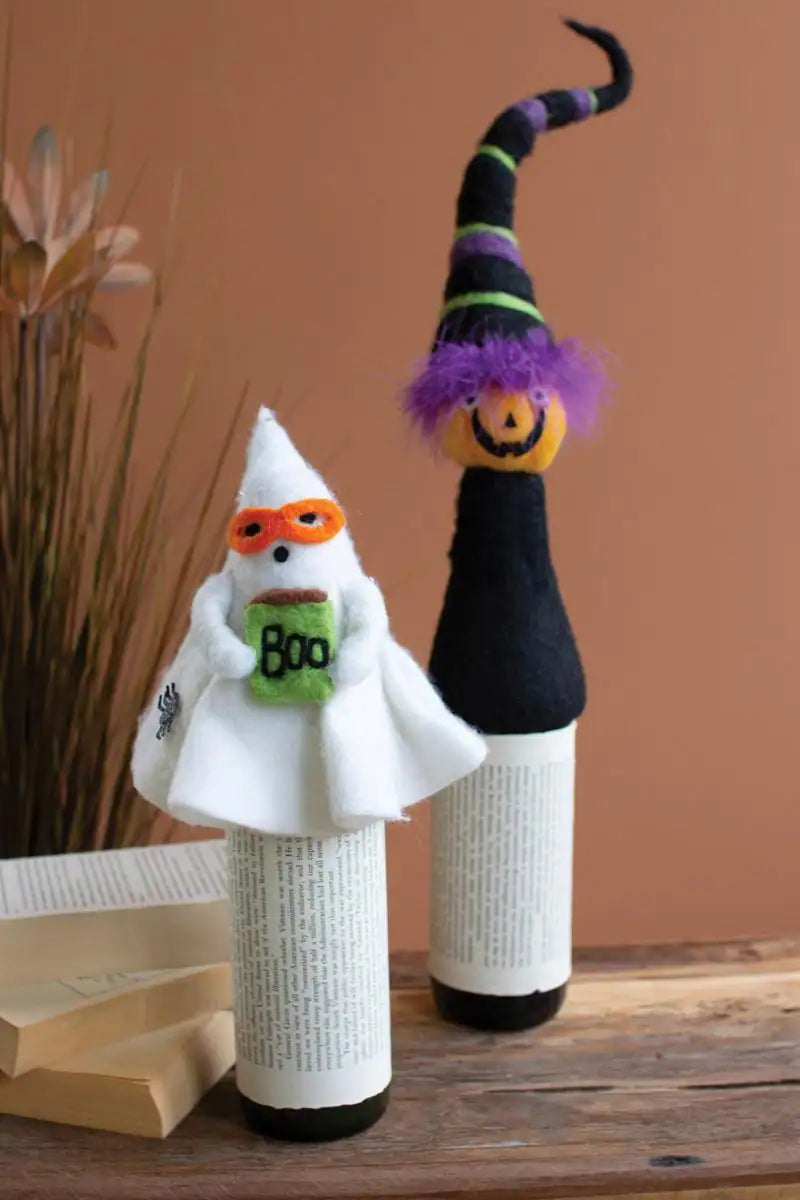 felt ghost wine topper shown with a complementary pumpkin wine topper - the latter sold separately