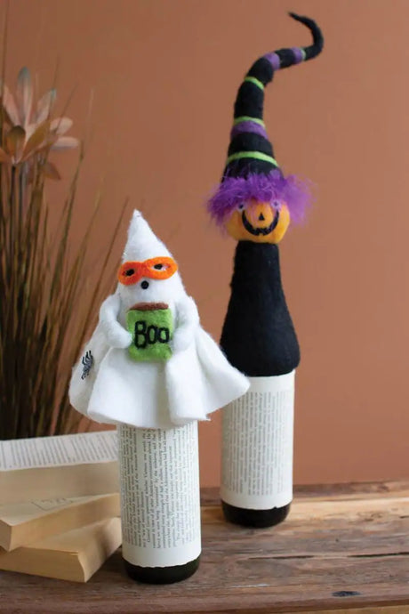 jack-o-lantern wine topper shown with felt ghost wine topper