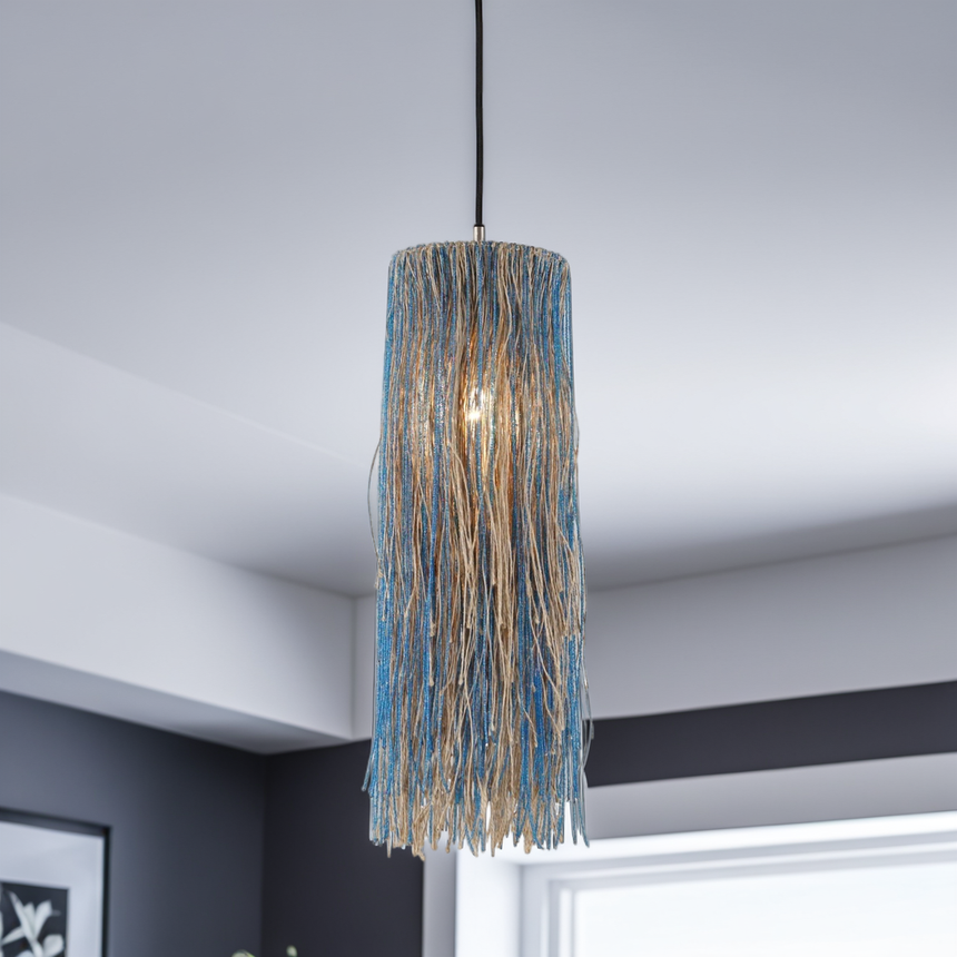 Bali blue glass bead pendant hanging in a room