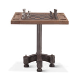 Chess table in reclaimed teak and iron, with iron chess pieces