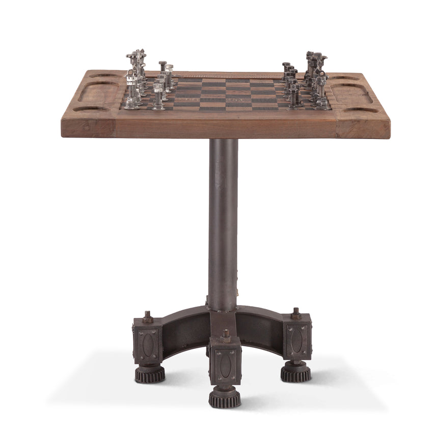 Chess table in reclaimed teak and iron, with iron chess pieces