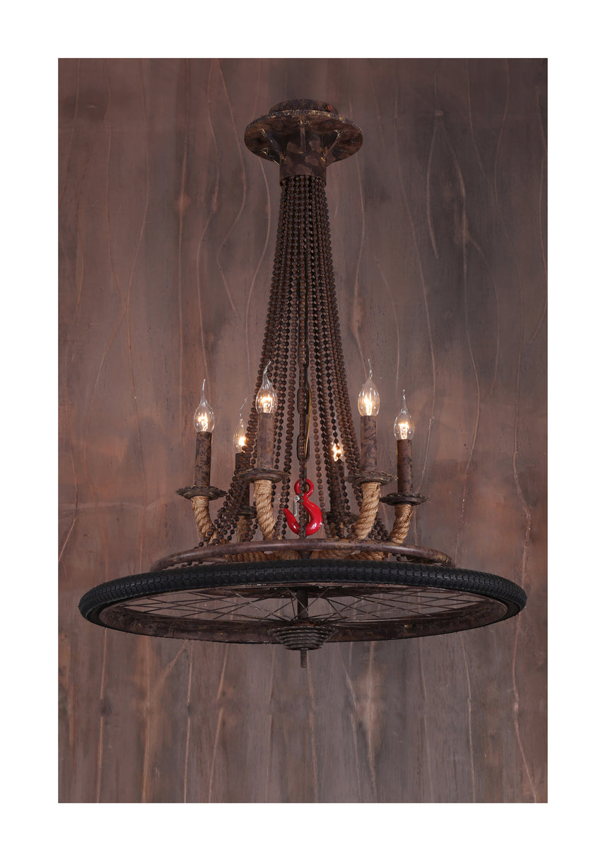 Bicycle-wheel pendant, distressed black, three rope-and-iron bulb holders