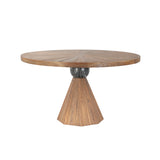 Round teak dining table with a black marble pedestal