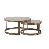 Two nesting coffee tables, white marble tops, antique bronze frames