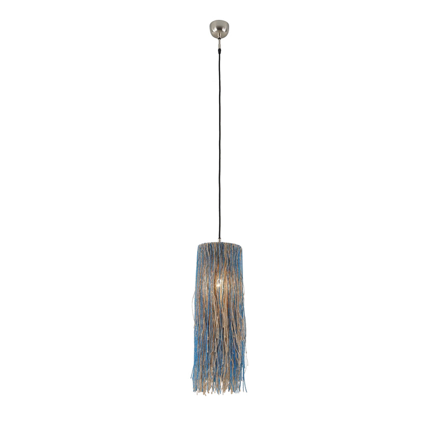 Bali pendant with a loose jute shade and blue glass beads