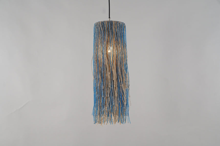 Detail of the jute shade and blue glass beads