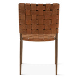 Lund dining chair, woven dark brown buffalo leather, black iron frame, back view